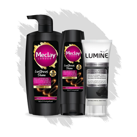 (FREE DELIVERY) Meclay London Lustrous Shine Shampoo 660ml With Conditioner 180ml + Lumine Detoxifying Charcoal Face Wash Pair Box (Save Rupees 250)