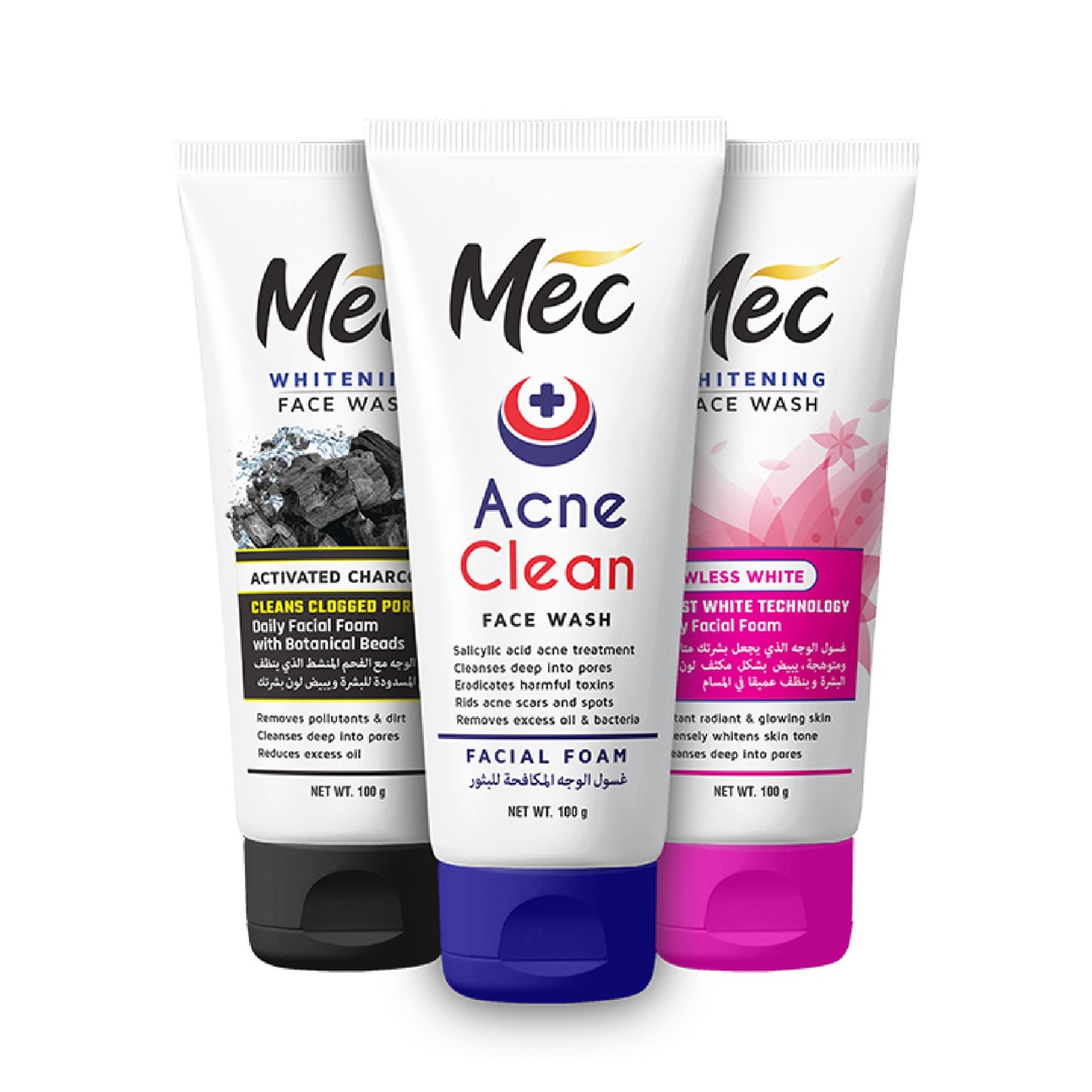 Pack Of 3 Mec whitening Face Wash, Activated Charcoal, Flawless White, Acne Clean